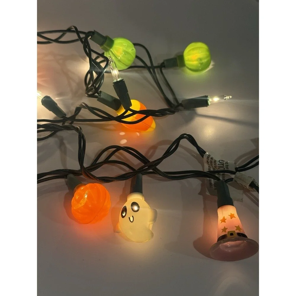 Vintage Halloween String Lights Ghost Pumpkin Witch Hat Candy Corn 9 Ft Tested